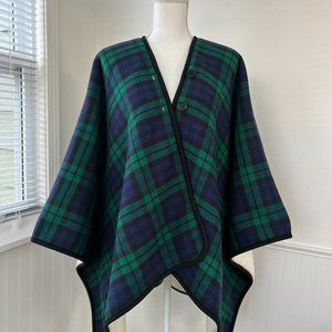 Lands' End Navy, Green and Black Plaid Fleece Lined Poncho/Cape